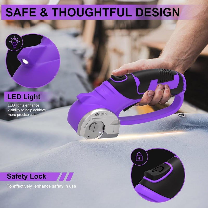 Evcitn Cordless Electric Scissors,4V Rechargeable Cardboard & Carpet Cutter,Electric Self-Sharpening Rotary Cutter for Fabric,Heavy Duty Scissor with LED Light for Crafts Leather or Plastic Packages,Purple - Image 3
